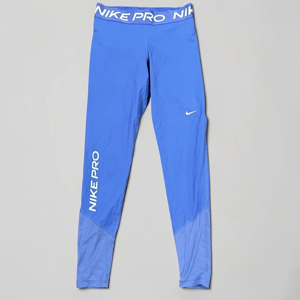 Nike Pro Women Small Blue Dri-FIT Mesh Panel Mid Rise Leggings FB5687-413